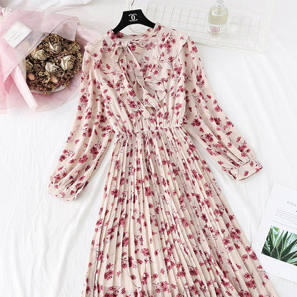 Chiffon Dress pleated floral skirt French retro super Fairy  4488