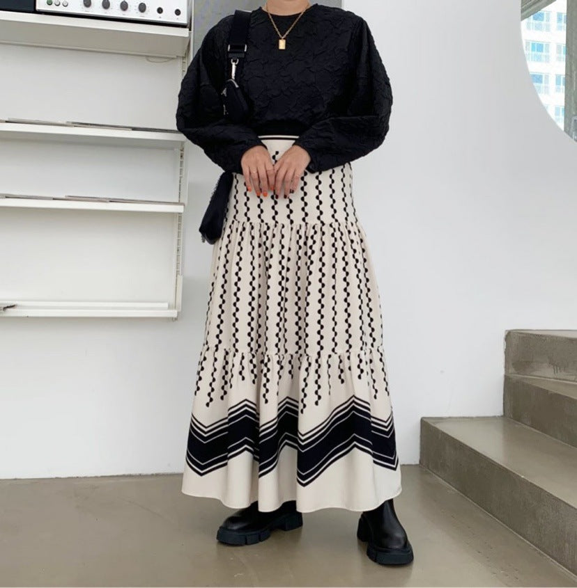 New skirt, stitching retro polka-dot print skirt, wavy pattern high waist long cake skirt  3678