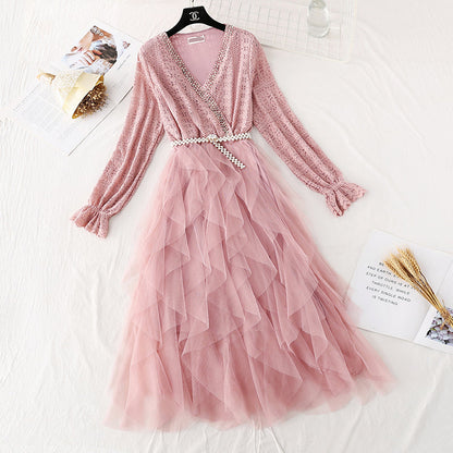 Mesh stitched cake skirt shows thin temperament at the waist  4045