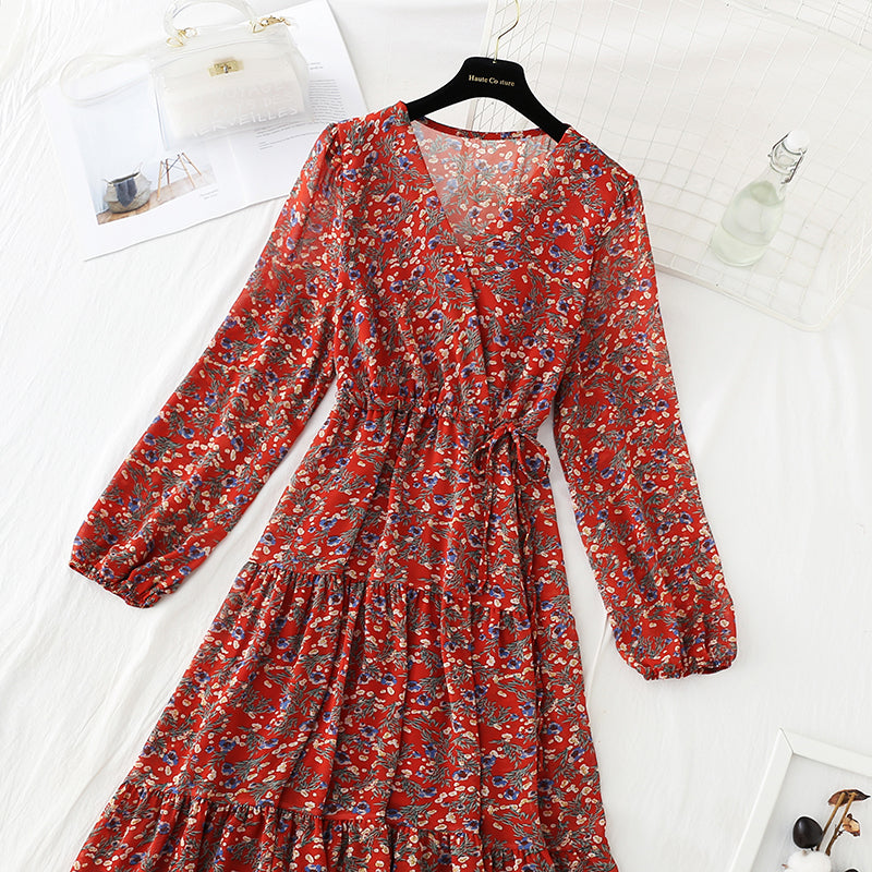 V-neck lace up waist Floral Dress  4062