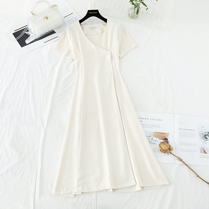 V-neck simple temperament goddess pure color cotton linen slim skirt  4204