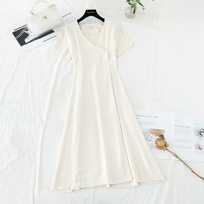 V-neck simple temperament goddess pure color cotton linen slim skirt  4204