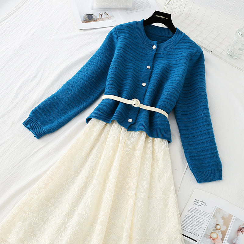 Sweater with lace skirt age reduction suit fashion two-piece suit  4557