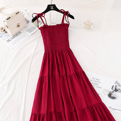 Cotton hemp suspender dress retro long skirt with slim waist  4113