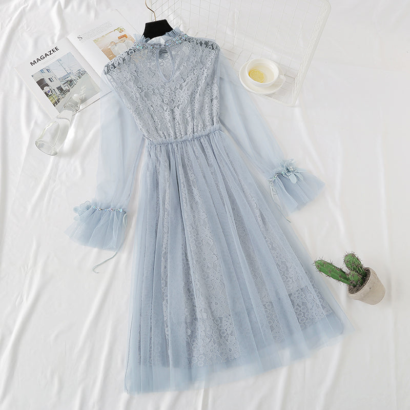 Heavy industry three-dimensional flower lace dress minority French style  4325