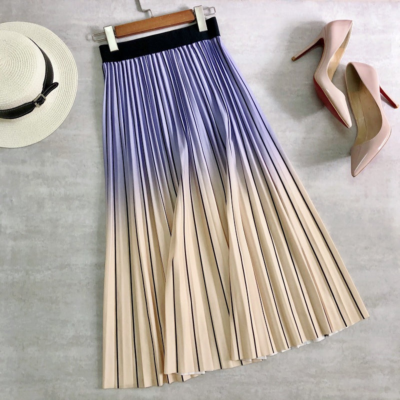 spring skirt, rainbow stripes, pleated skirt, high waist, long skirt, A-line skirt  3693