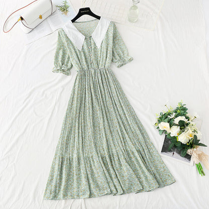 New doll neck Floral Chiffon pleated French retro fairy skirt  4880
