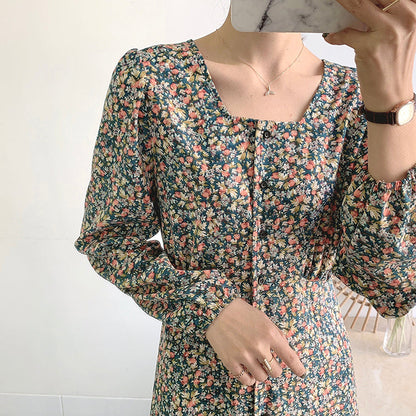 Knee thin lace up square neck fairy Vintage Floral Dress  3911
