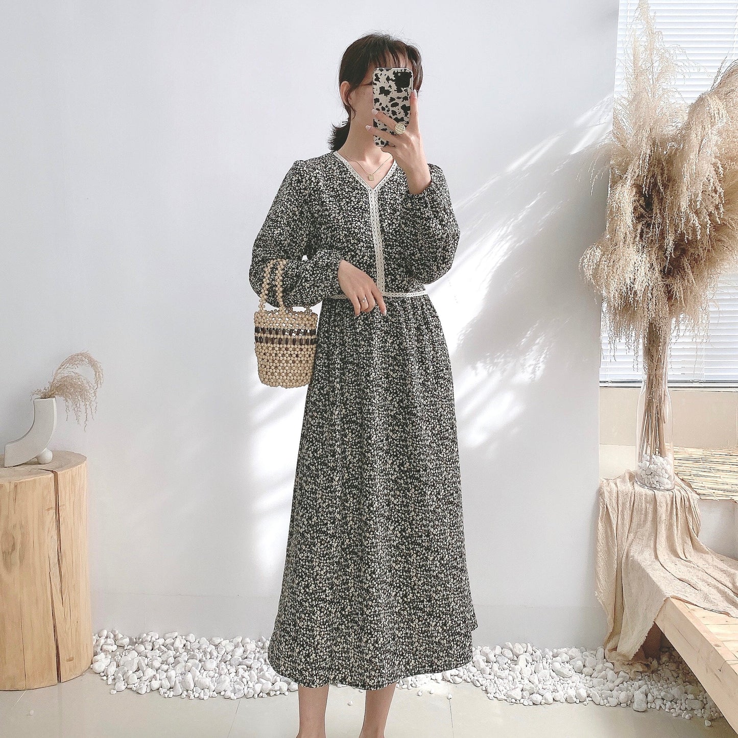 Floral dress lace up waistband temperament with bottom skirt inside  4072