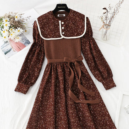 Lapel patchwork floral dress versatile aging skirt  4070
