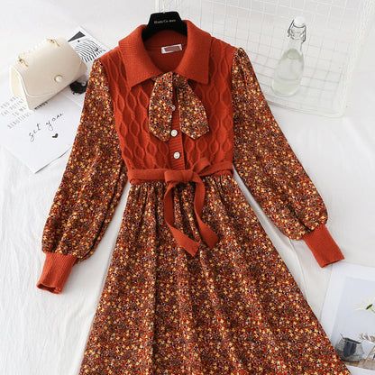 Patchwork lace up floral skirt slim elastic waist Corduroy Skirt  4086