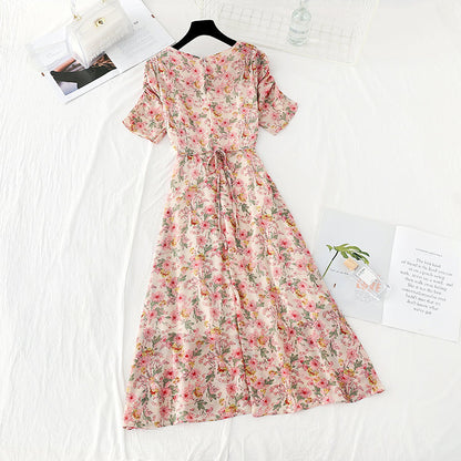 New French square neck long skirt with slim waist and Daisy Chiffon Skirt  4620