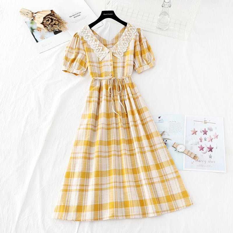 Lace doll collar sweet Plaid Cotton Linen Skirt fairy super fairy series  4154