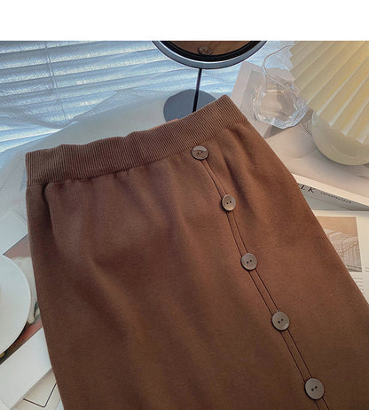 Design sense single breasted split A-line slim Knit Skirt  5741