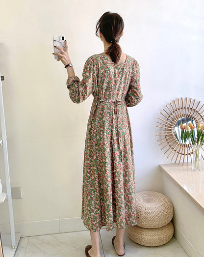 Knee thin lace up square neck fairy Vintage Floral Dress  3911