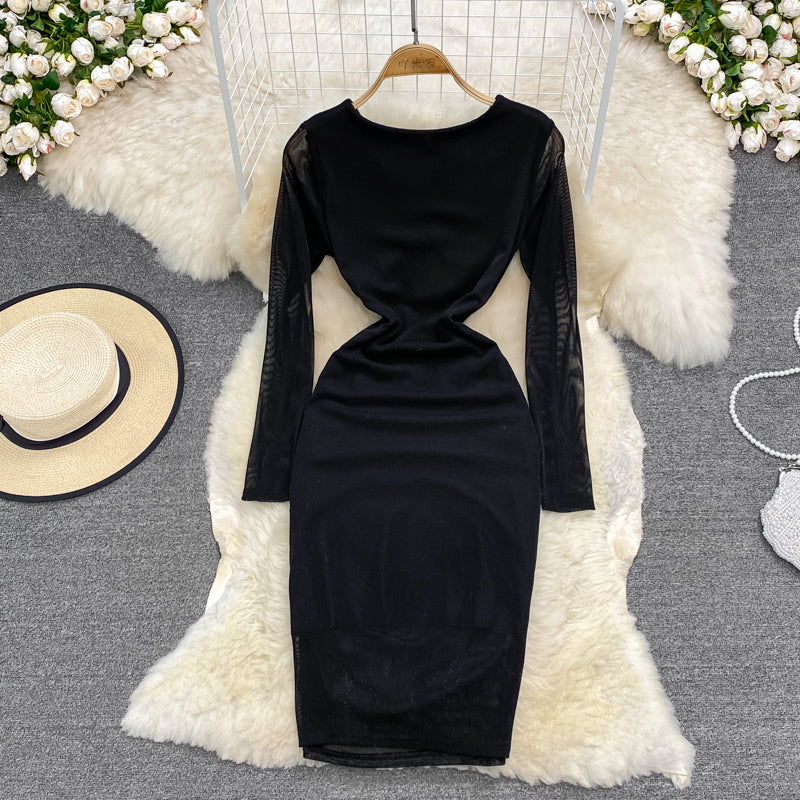 Sexy Hong Kong Style zipper split hip long sleeve V-neck dress  3788