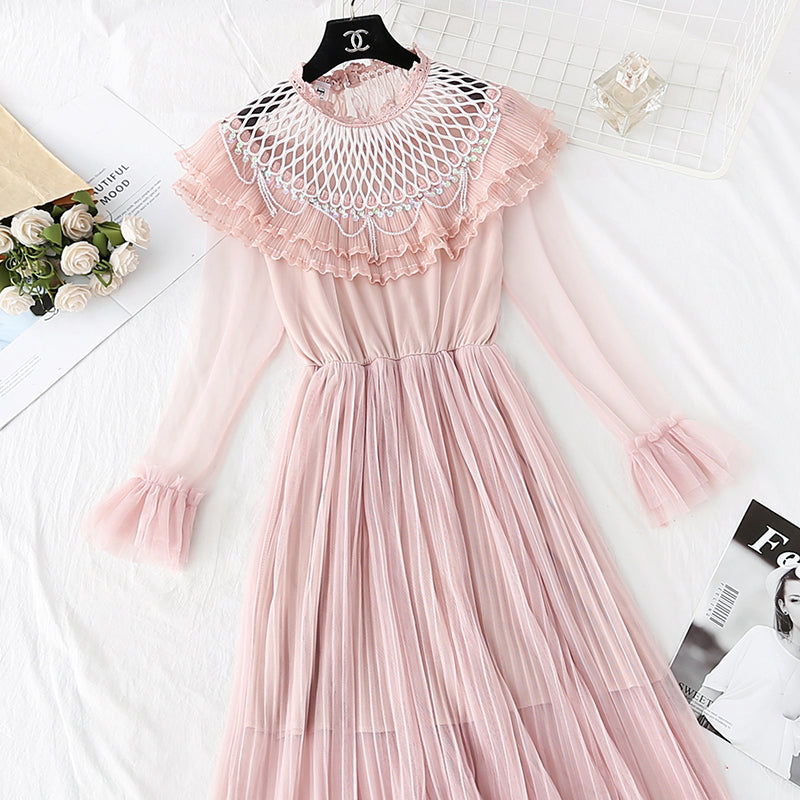 Ruffle pleated French super xiansen mesh dress  3806
