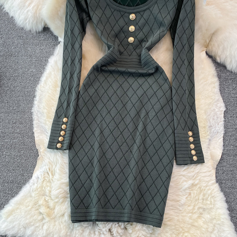 Long sleeve sexy personalized square neck knitted bag hip bottomed dress  3781