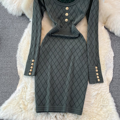 Long sleeve sexy personalized square neck knitted bag hip bottomed dress  3781