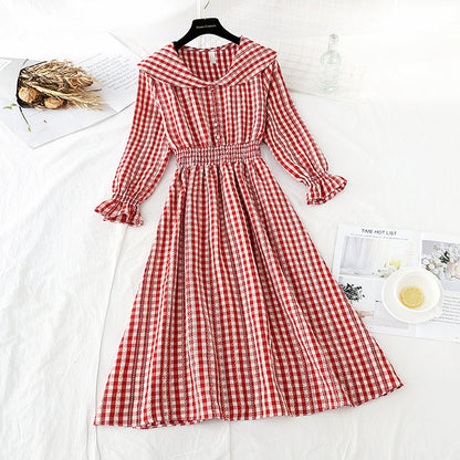 French retro Plaid Platycodon skirt shows thin temperament at the waist  4530
