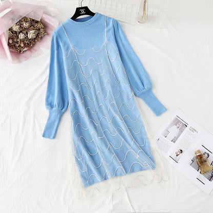 Knitted dress small Xiangfeng net red sweater suspender yarn skirt suit  4464