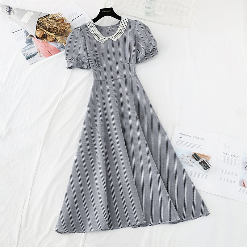 Pearl doll collar temperament goddess style waist slim French dress  4200
