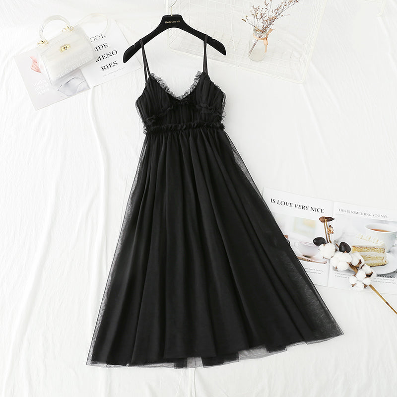 Sweet mesh dress temperament small black skirt with waist closed  4410
