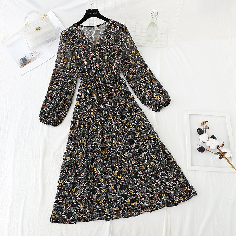 V-neck lace up waist Floral Dress  4062