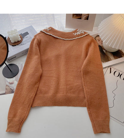 Western style retro embroidered doll neck short long sleeve Knitted Top  5969