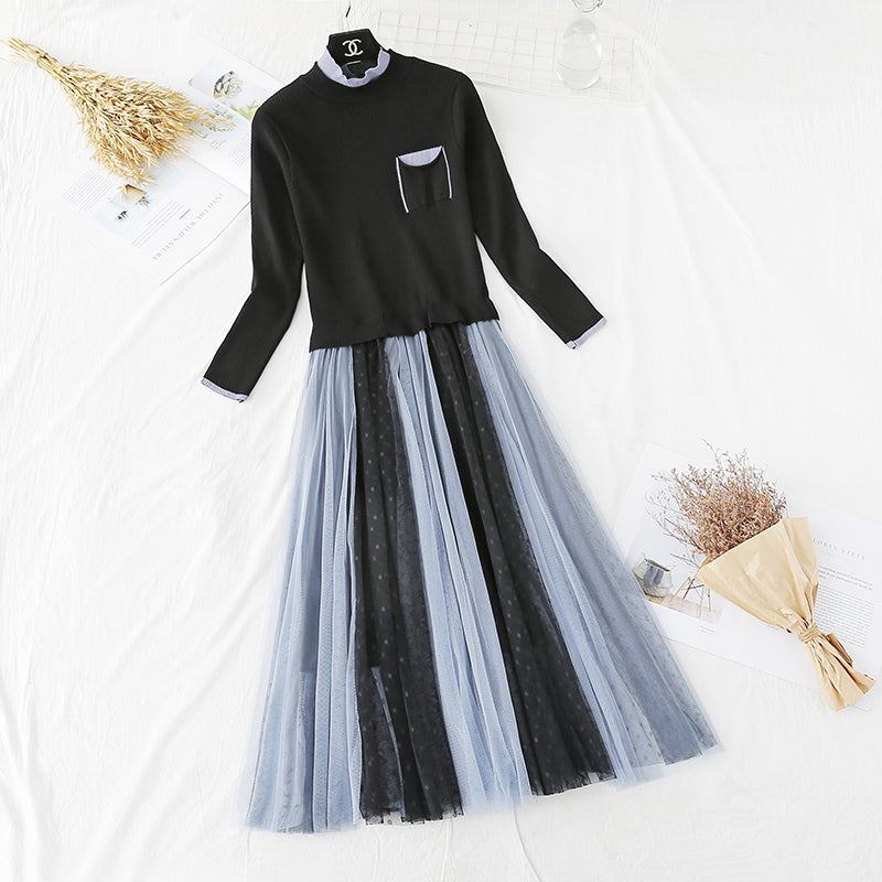 Fashion stitching waist closing mesh pleated bottom skirt  4446
