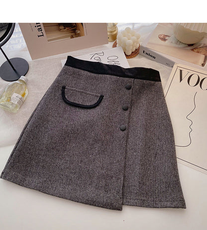 New Korean casual retro design button high waist color blocking a-word skirt  5333