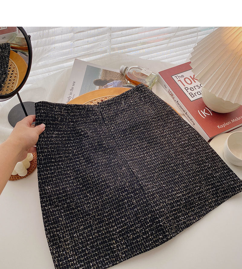 Korean elegant retro pearl button high waist A-shaped skirt  5533