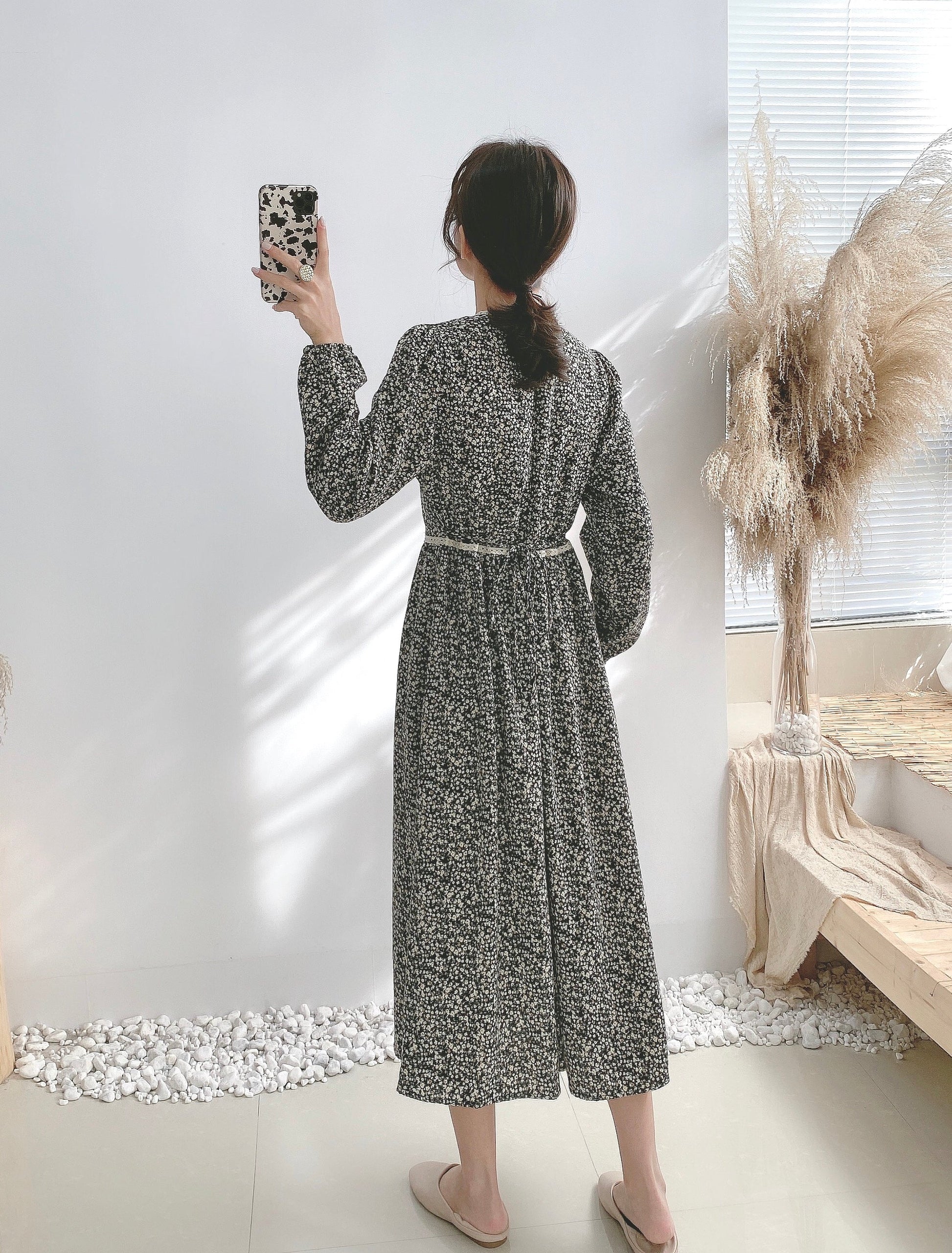 Floral dress lace up waistband temperament with bottom skirt inside  4072