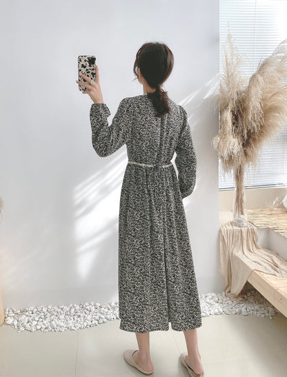 Floral dress lace up waistband temperament with bottom skirt inside  4072