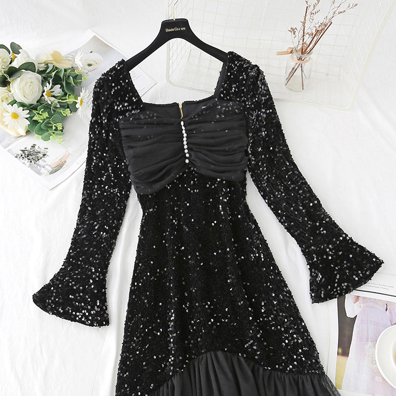Square neck mesh fairy fishtail Sequin bottomed skirt  4432