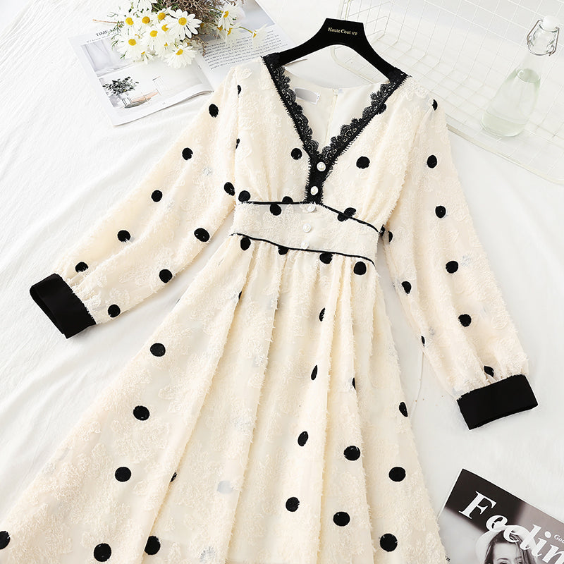 Wave point dress, celebrity temperament, lace stitching  4743