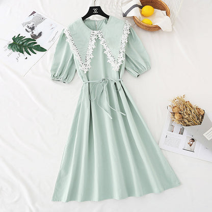 Lace doll neck cotton linen dress French retro bubble sleeve  4590