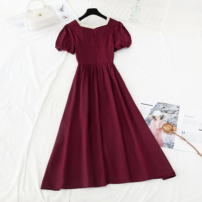 New French retro square neck first love waist slim fairy skirt  4226