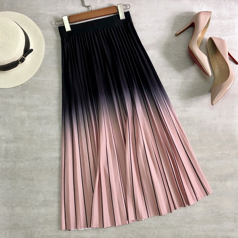 spring skirt, rainbow stripes, pleated skirt, high waist, long skirt, A-line skirt  3693