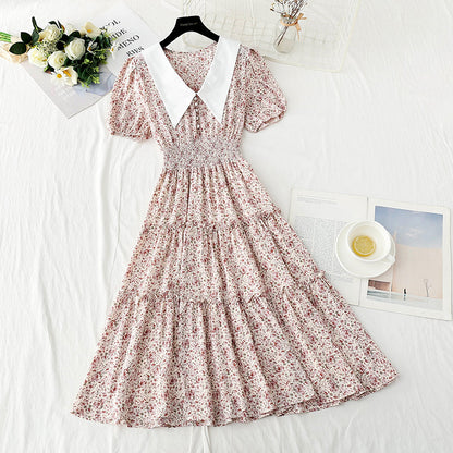 New doll collar skirt bubble sleeve floral medium length skirt  4877