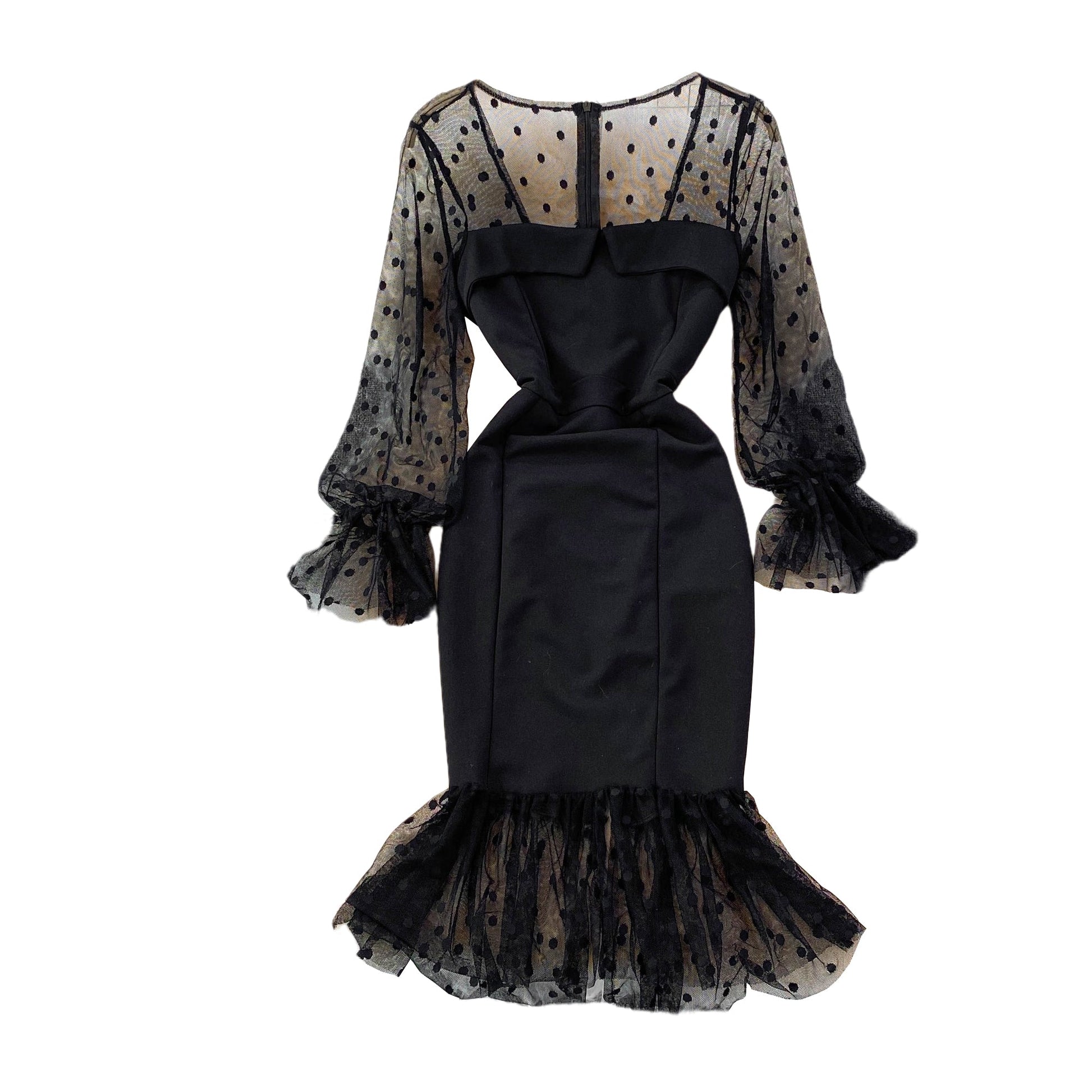 Fashion mesh wave point splicing square neck temperament retro dress  3775