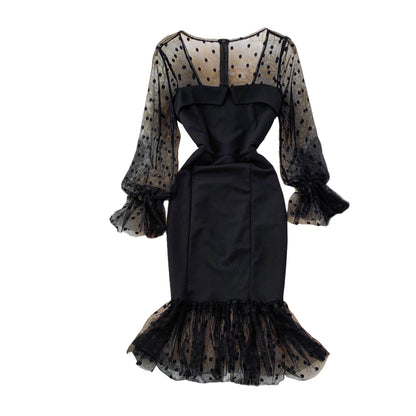 Fashion mesh wave point splicing square neck temperament retro dress  3775