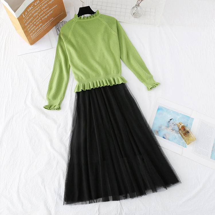 Flounced suspender mesh knitted dress  3946