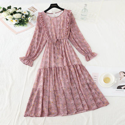 Chiffon waistband slim round neck fungus super xiansen floral skirt  3932