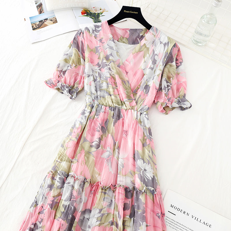 French long skirt pleated waist shows thin temperament Chiffon fairy skirt  4629