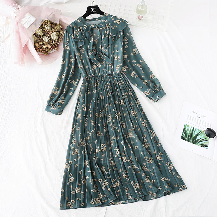 Chiffon Dress pleated floral skirt French retro super Fairy  4488
