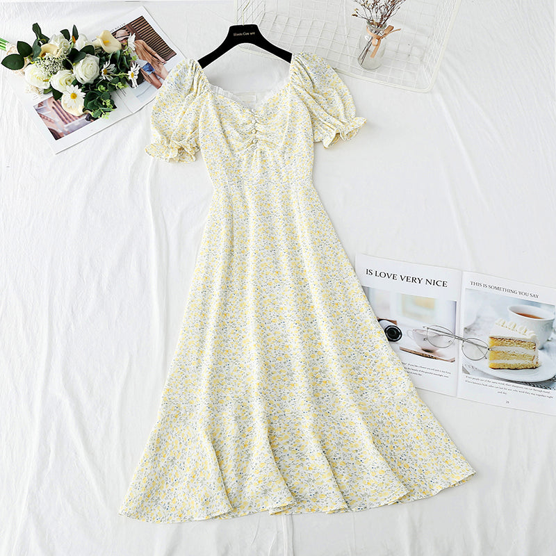 Line shoulder square neck bubble sleeve waist narrow skirt  3738
