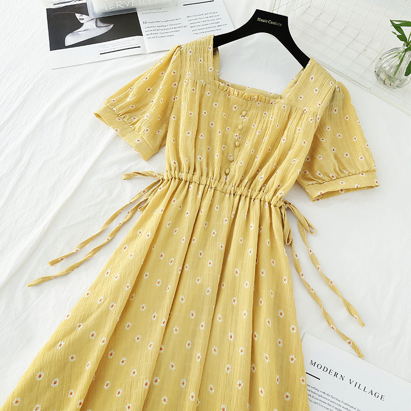 Square neckline Floral Chiffon Skirt French waist closing slim  4665