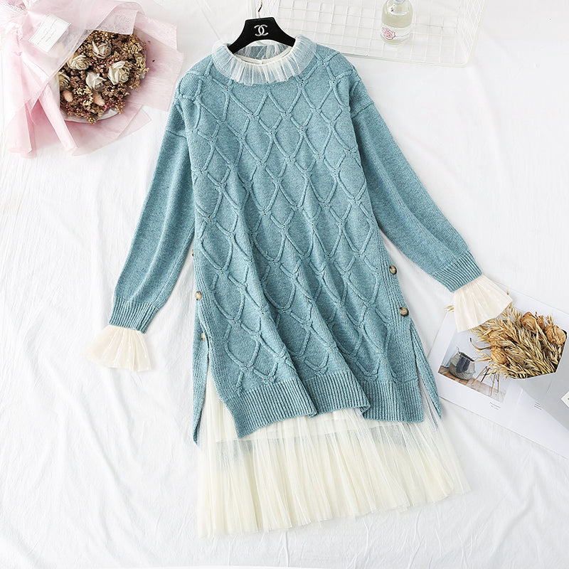 French retro Pullover + mesh bottomed skirt two-piece suit skirt  4454