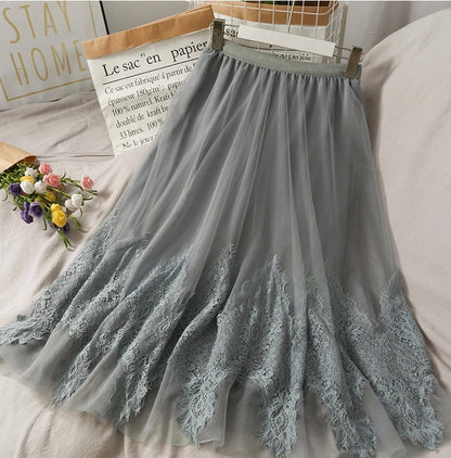 Sweet wind, embroidered medium length, high waist lace skirt  3617
